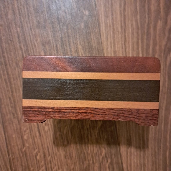 Vtg. Midcentury 6 Tri-Color Wood & Cork Coasters With Stand - Picture 5 of 9